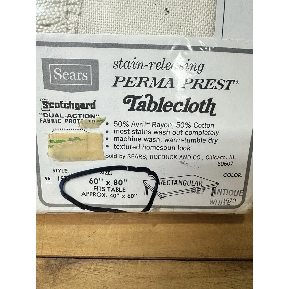Vintage Sears Perma-Prest Tablecloth 60x80” USA Antique White